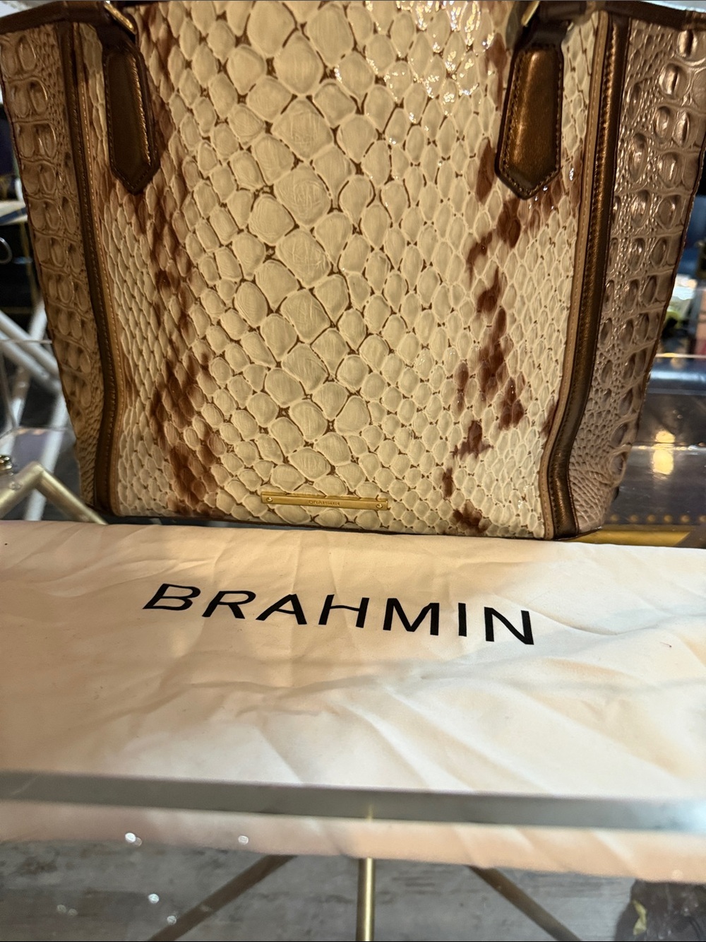 Brahmin Cream and Brown Croc-Embossed Tote